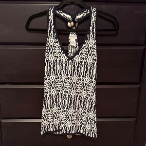 Carmen Marc Valvo Black and White Patterned Halter Top Gold ring Small
